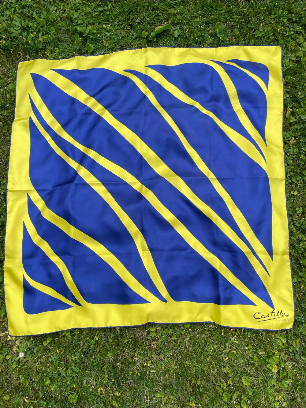 Vintage Castillo Paris Graphic Silk Scarf | Blue & Yellow Statement Square Scarf